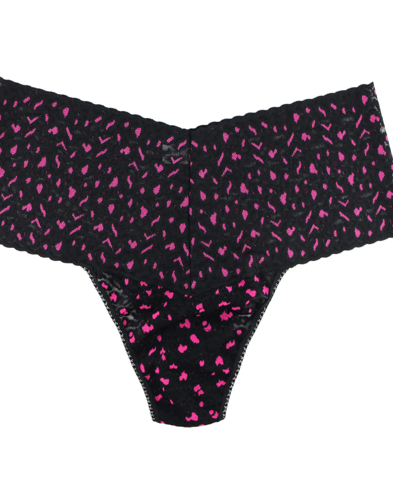 Front of a size one-size-fits-all CROSS-DYED LEOPARD RETRO LACE PLUS THONG in BLTP-BLACK/TULIP PINK by Hanky Panky. | dia_product_style_image_id:272426